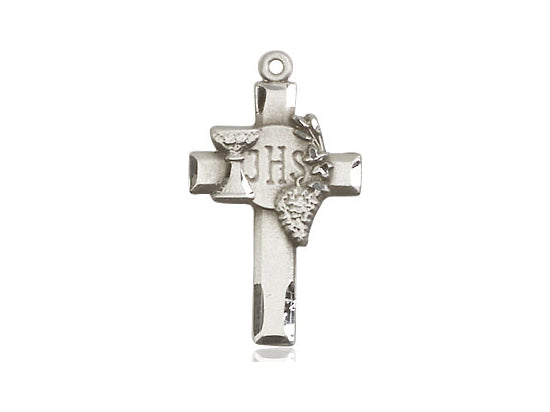 Sterling Silver Cross w/IHS Grapes Pendant on a 18 inch Sterling Silver Light Curb Chain - Unique Catholic Gifts