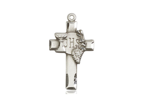 Sterling Silver Cross w/IHS Grapes Pendant on a 18 inch Sterling Silver Light Curb Chain - Unique Catholic Gifts