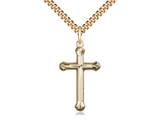 14kt Gold Filled Cross Pendant on a 24 inch Gold Plate Heavy Curb Chain - Unique Catholic Gifts