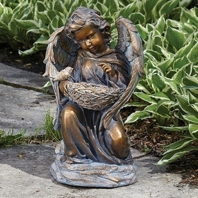 Solar Angel Bronze W/birdbath Garden Statue 17.75