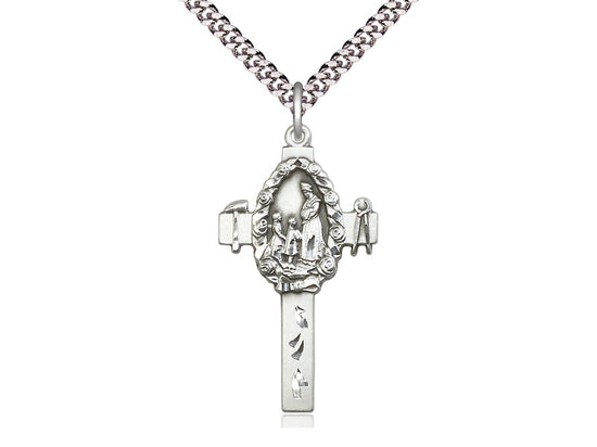 Sterling Silver Cross Pendant on a 24 inch Light Rhodium Heavy Curb Chain - Unique Catholic Gifts