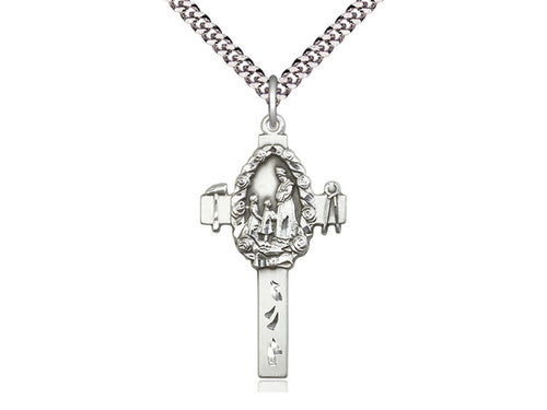 Sterling Silver Cross Pendant on a 24 inch Light Rhodium Heavy Curb Chain - Unique Catholic Gifts