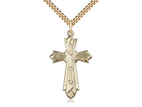 14kt Gold Filled Mosaic Cross Pendant on a 24 inch Gold Plate Heavy Curb Chain - Unique Catholic Gifts
