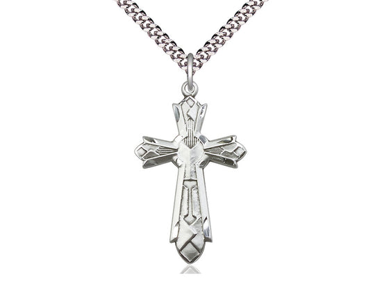 Sterling Silver Mosaic Cross Pendant on a 24 inch Light Rhodium Heavy Curb Chain - Unique Catholic Gifts