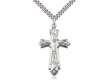 Sterling Silver Mosaic Cross Pendant on a 24 inch Light Rhodium Heavy Curb Chain - Unique Catholic Gifts
