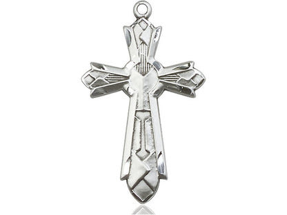 Sterling Silver Mosaic Cross Pendant on a 24 inch Light Rhodium Heavy Curb Chain - Unique Catholic Gifts