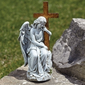 Angel with cross on Stone Garden Statue 13"H - Unique Catholic Gifts