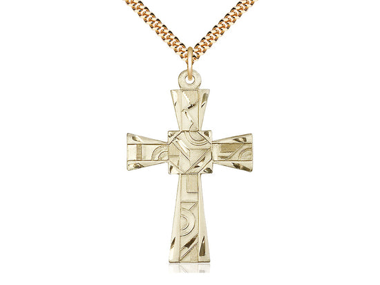 14kt Gold Filled Mosaic Cross Pendant on a 24 inch Gold Plate Heavy Curb Chain - Unique Catholic Gifts
