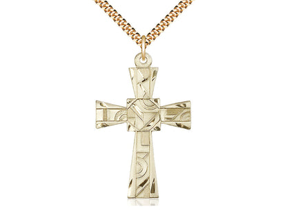 14kt Gold Filled Mosaic Cross Pendant on a 24 inch Gold Plate Heavy Curb Chain - Unique Catholic Gifts