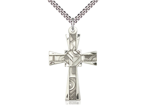 Sterling Silver Mosaic Cross Pendant on a 24 inch Light Rhodium Heavy Curb Chain - Unique Catholic Gifts