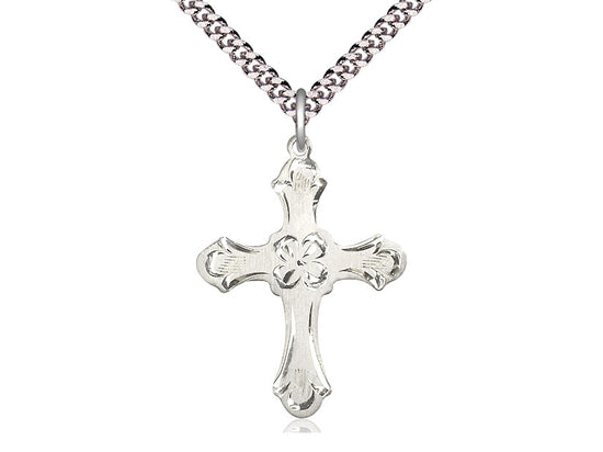 Sterling Silver Cross Pendant on a 24 inch Light Rhodium Heavy Curb Chain - Unique Catholic Gifts