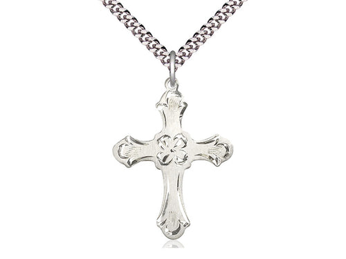 Sterling Silver Cross Pendant on a 24 inch Light Rhodium Heavy Curb Chain - Unique Catholic Gifts