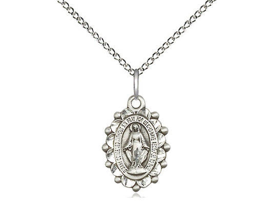 Sterling Silver Miraculous Pendant on a 18 inch Sterling Silver Light Curb Chain - Unique Catholic Gifts