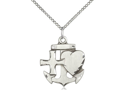 Sterling Silver Faith, Hope & Charity Pendant on a 18 inch Sterling Silver Light Curb Chain - Unique Catholic Gifts