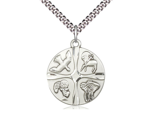 Sterling Silver Christian Life Pendant on a 24 inch Light Rhodium Heavy Curb Chain - Unique Catholic Gifts