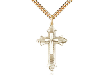 14kt Gold Filled Cross on Cross Pendant on a 24 inch Gold Plate Heavy Curb Chain - Unique Catholic Gifts