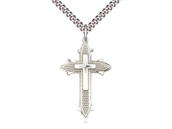 Sterling Silver Cross on Cross Pendant on a 24 inch Light Rhodium Heavy Curb Chain - Unique Catholic Gifts