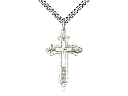 Sterling Silver Cross on Cross Pendant on a 24 inch Light Rhodium Heavy Curb Chain - Unique Catholic Gifts