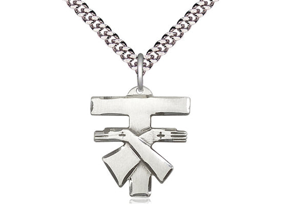 Sterling Silver Franciscan Cross Pendant on a 24 inch Light Rhodium Heavy Curb Chain - Unique Catholic Gifts