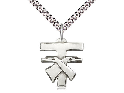 Sterling Silver Franciscan Cross Pendant on a 24 inch Light Rhodium Heavy Curb Chain - Unique Catholic Gifts