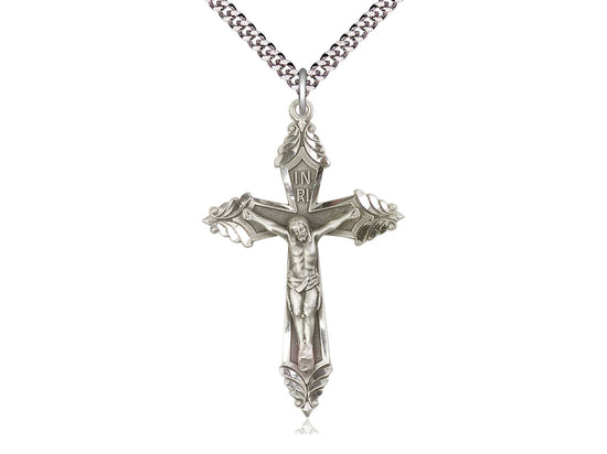 Sterling Silver Crucifix Pendant on a 24 inch Light Rhodium Heavy Curb Chain - Unique Catholic Gifts