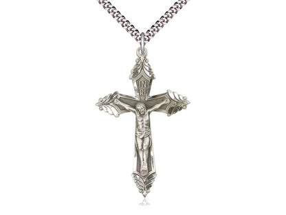 Sterling Silver Crucifix Pendant on a 24 inch Light Rhodium Heavy Curb Chain - Unique Catholic Gifts