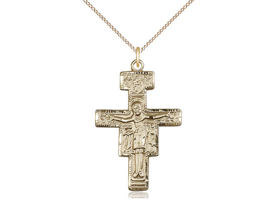 14kt Gold Filled San Damiano Crucifix Pendant on a 18 inch Gold Filled Light Curb Chain - Unique Catholic Gifts