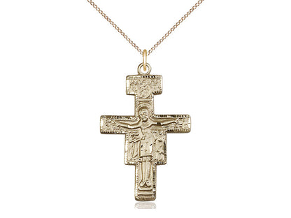 14kt Gold Filled San Damiano Crucifix Pendant on a 18 inch Gold Filled Light Curb Chain - Unique Catholic Gifts