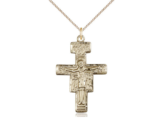 14kt Gold Filled San Damiano Crucifix Pendant on a 18 inch Gold Filled Light Curb Chain - Unique Catholic Gifts