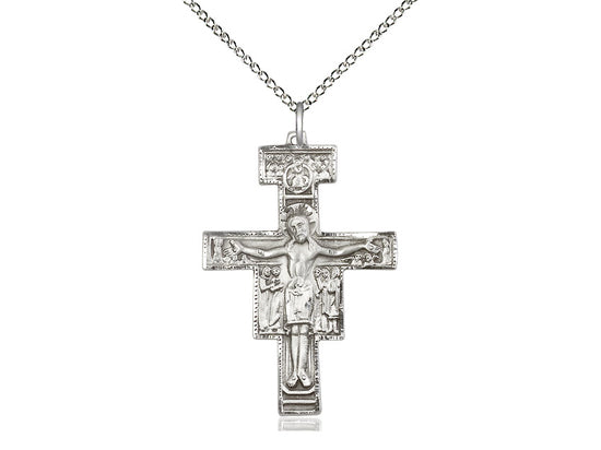 Sterling Silver San Damiano Crucifix Pendant on a 18 inch Sterling Silver Light Curb Chain - Unique Catholic Gifts