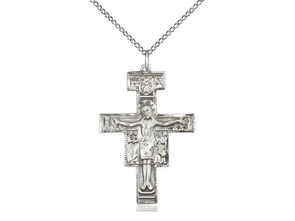 Sterling Silver San Damiano Crucifix Pendant on a 18 inch Sterling Silver Light Curb Chain - Unique Catholic Gifts