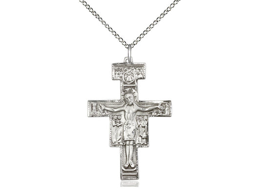 Sterling Silver San Damiano Crucifix Pendant on a 18 inch Sterling Silver Light Curb Chain - Unique Catholic Gifts
