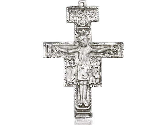 Sterling Silver San Damiano Crucifix Pendant on a 18 inch Sterling Silver Light Curb Chain - Unique Catholic Gifts