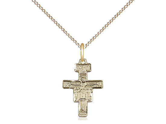 14kt Gold Filled San Damiano Crucifix Pendant on a 18 inch Gold Filled Light Curb Chain - Unique Catholic Gifts