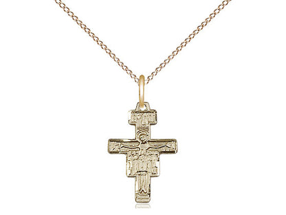 14kt Gold Filled San Damiano Crucifix Pendant on a 18 inch Gold Filled Light Curb Chain - Unique Catholic Gifts