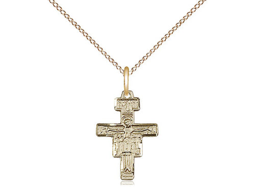 14kt Gold Filled San Damiano Crucifix Pendant on a 18 inch Gold Filled Light Curb Chain - Unique Catholic Gifts