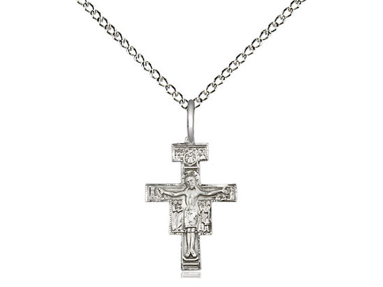 Sterling Silver San Damiano Crucifix Pendant on a 18 inch Sterling Silver Light Curb Chain - Unique Catholic Gifts