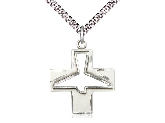 Sterling Silver Holy Spirit Pendant on a 24 inch Light Rhodium Heavy Curb Chain - Unique Catholic Gifts