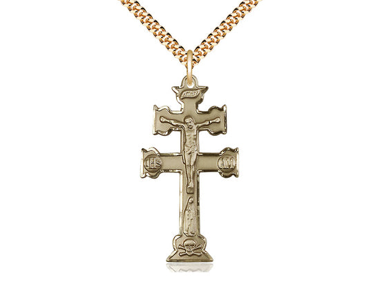 14kt Gold Filled Caravaca Crucifix Pendant on a 24 inch Gold Plate Heavy Curb Chain - Unique Catholic Gifts