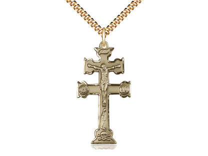 14kt Gold Filled Caravaca Crucifix Pendant on a 24 inch Gold Plate Heavy Curb Chain - Unique Catholic Gifts