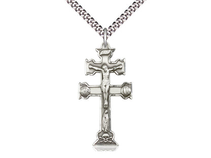 Sterling Silver Caravaca Crucifix Pendant on a 24 inch Light Rhodium Heavy Curb Chain - Unique Catholic Gifts