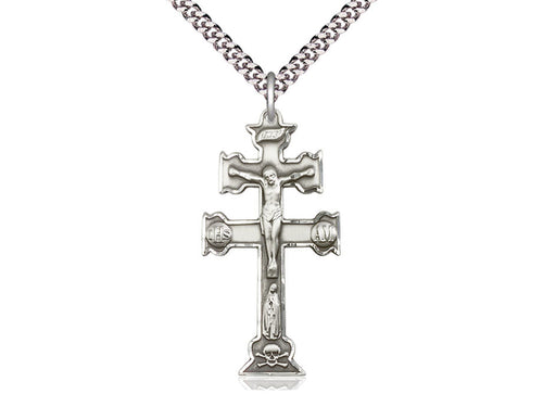 Sterling Silver Caravaca Crucifix Pendant on a 24 inch Light Rhodium Heavy Curb Chain - Unique Catholic Gifts