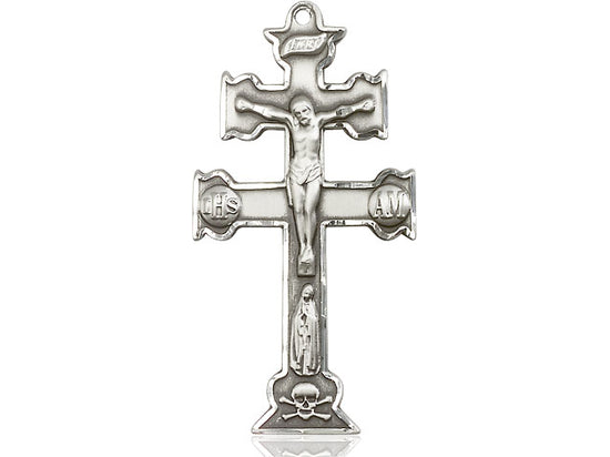 Sterling Silver Caravaca Crucifix Pendant on a 24 inch Light Rhodium Heavy Curb Chain - Unique Catholic Gifts