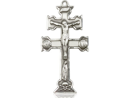Sterling Silver Caravaca Crucifix Pendant on a 24 inch Light Rhodium Heavy Curb Chain - Unique Catholic Gifts