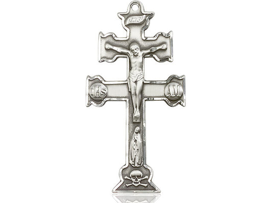 Sterling Silver Caravaca Crucifix Pendant on a 24 inch Light Rhodium Heavy Curb Chain - Unique Catholic Gifts