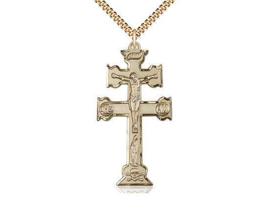 14kt Gold Filled Caravaca Crucifix Pendant on a 24 inch Gold Plate Heavy Curb Chain - Unique Catholic Gifts