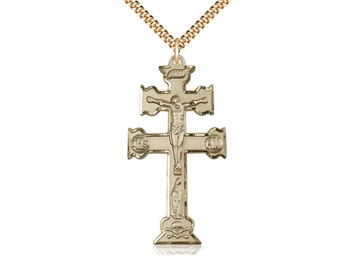 14kt Gold Filled Caravaca Crucifix Pendant on a 24 inch Gold Plate Heavy Curb Chain - Unique Catholic Gifts