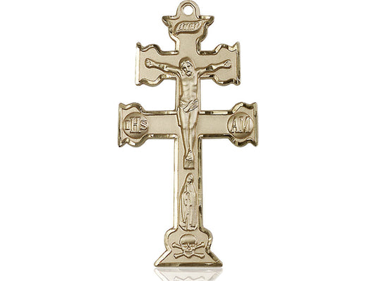 14kt Gold Filled Caravaca Crucifix Pendant on a 24 inch Gold Plate Heavy Curb Chain - Unique Catholic Gifts
