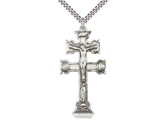 Sterling Silver Caravaca Crucifix Pendant on a 24 inch Light Rhodium Heavy Curb Chain - Unique Catholic Gifts