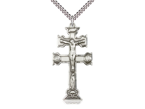 Sterling Silver Caravaca Crucifix Pendant on a 24 inch Light Rhodium Heavy Curb Chain - Unique Catholic Gifts